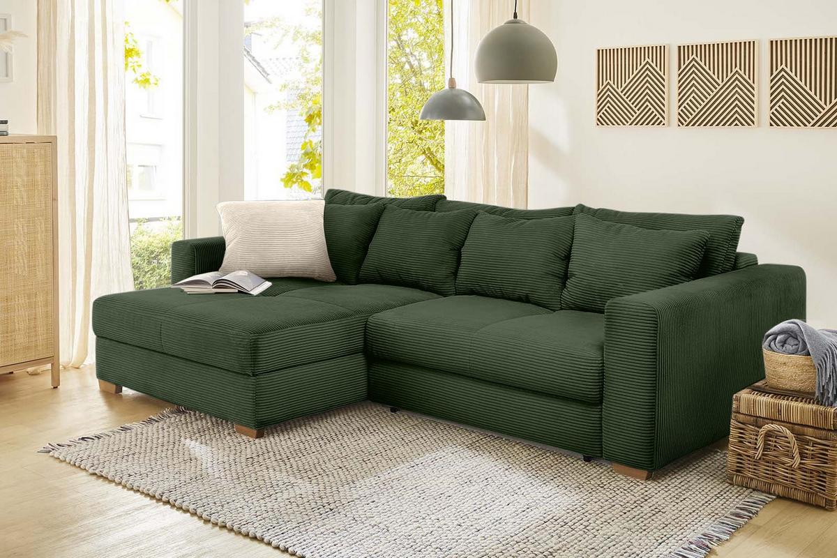 ECKSOFA-DAUERSCHLÄFER Federkern Bettkasten, seitenverkehrt montierbar B288/T186/H86 cm, Liegefl. 153x245 cm, Cord Grün / 15156 - Eichefarben/Grün, Holz/Textil (288/186cm) - luma-home