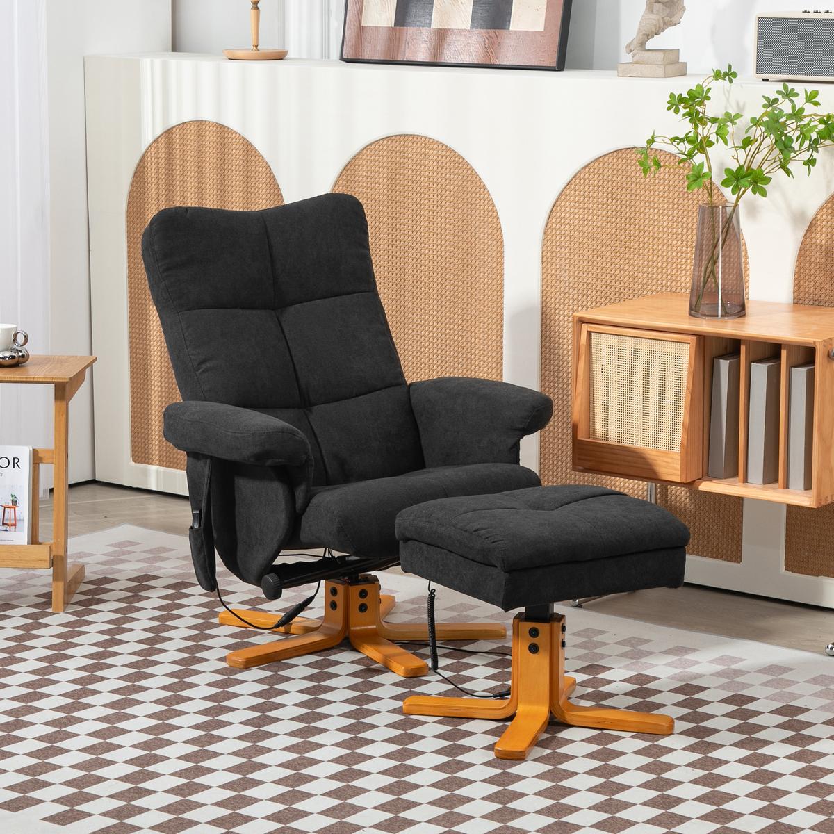 RELAXSESSEL mit Fußhocker, Stauraum, Massagesessel mit Liegefunktion Schwarz - Schwarz, Holz/Textil (86/99/80cm) - HOMCOM