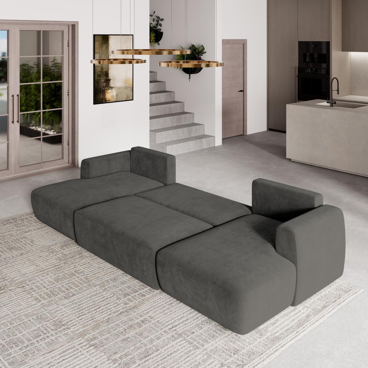 WOHNLANDSCHAFT SENTUM K Grau Plüsch-Stoff mit Schlaffunktion - Schwarz/Grau, Holz/Kunststoff (330/90/148cm) - MASSENO