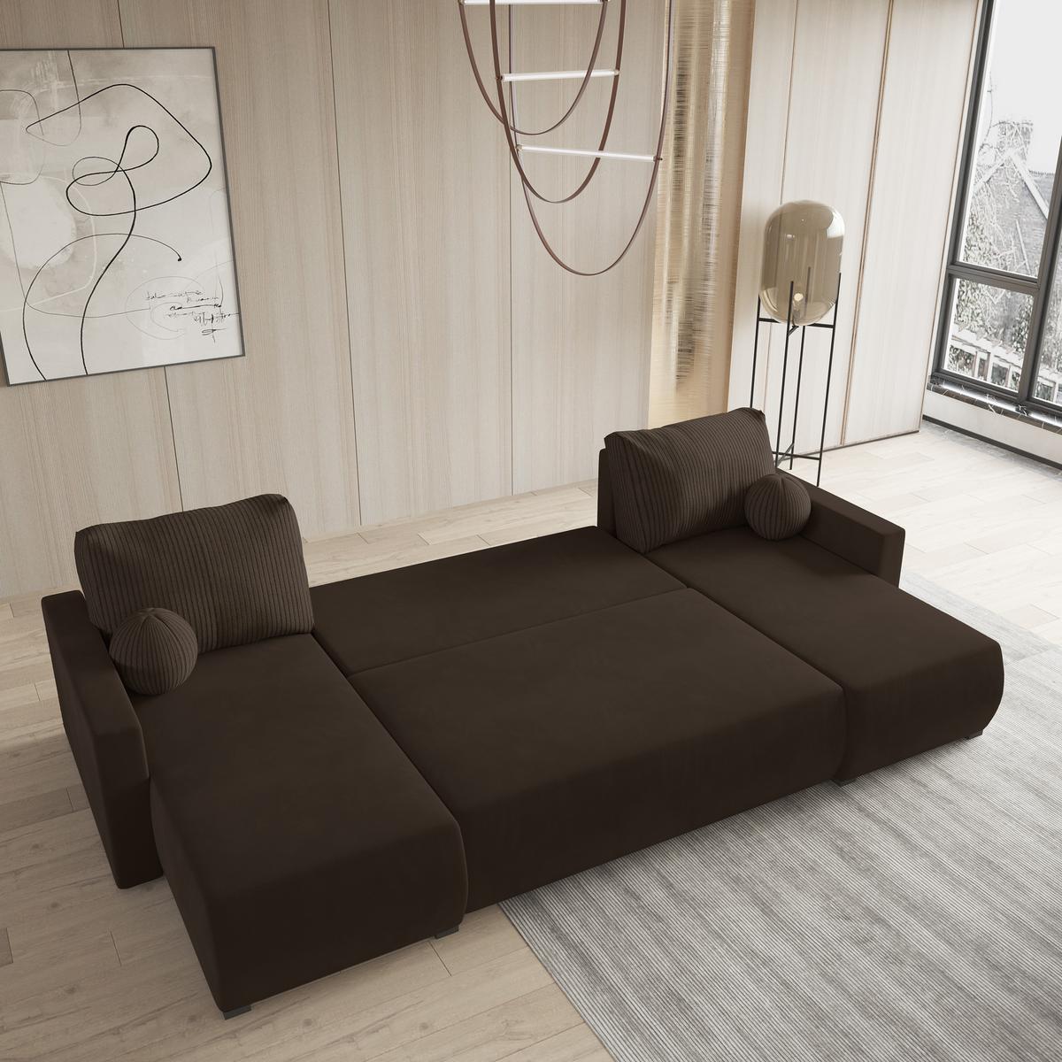 WOHNLANDSCHAFT TESSUN Braun Plüsch-Stoff mit Schlaffunktion - Braun, Holz (286/85/143cm) - MASSENO