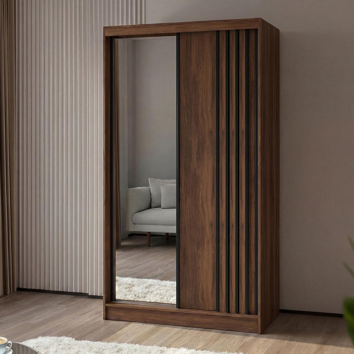 SCHWEBETÜRENSCHRANK Nela II mit Schubladen und Spiegel 120/216/61 Walnuss+Schwarz - Walnussfarben, Holzwerkstoff (120/216/61cm) - Beautysofa