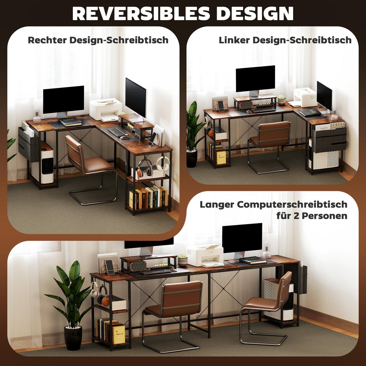 L-FÖRMIGER Schreibtisch 168 x 120 cm Eckschreibtisch mit Ablagefächern - Braun, Metall (168/120/90cm) - HOMCOM