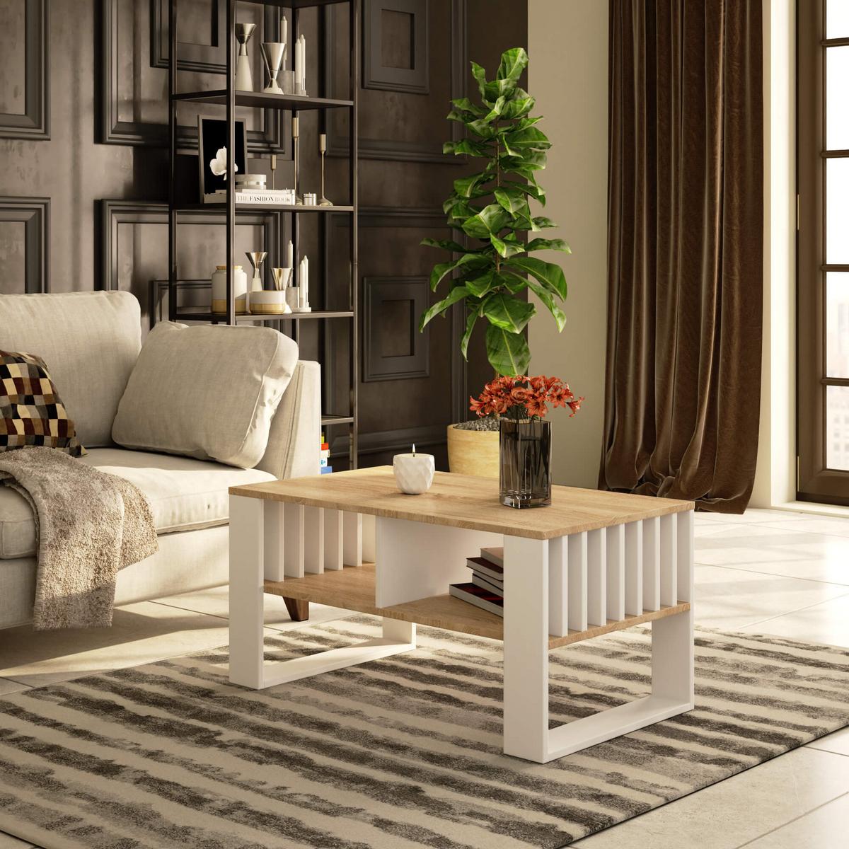 COUCHTISCH Rockford mit Stauraum - Weiß/Sonoma Eiche, Holzwerkstoff (53/92/45cm) - RAUMHIRSCH FURNITURE