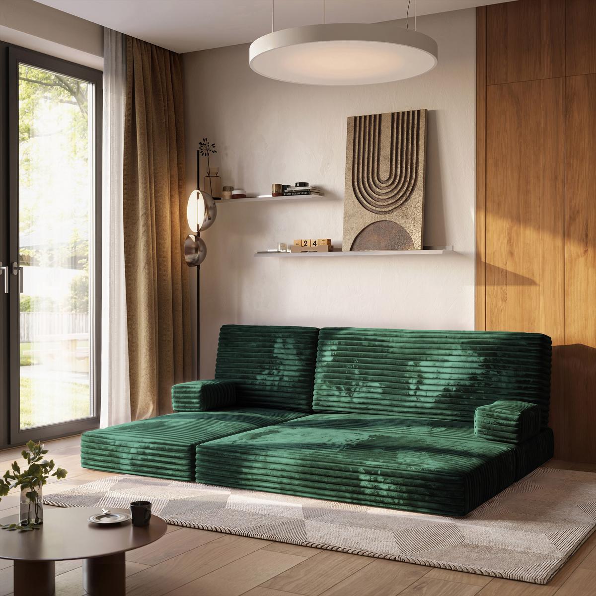 ECKSOFA NOTIA modulares Boneless Sofa mit Schlaffunktion Grün Kordstoff - Grün, Textil (200/120cm) - MASSENO