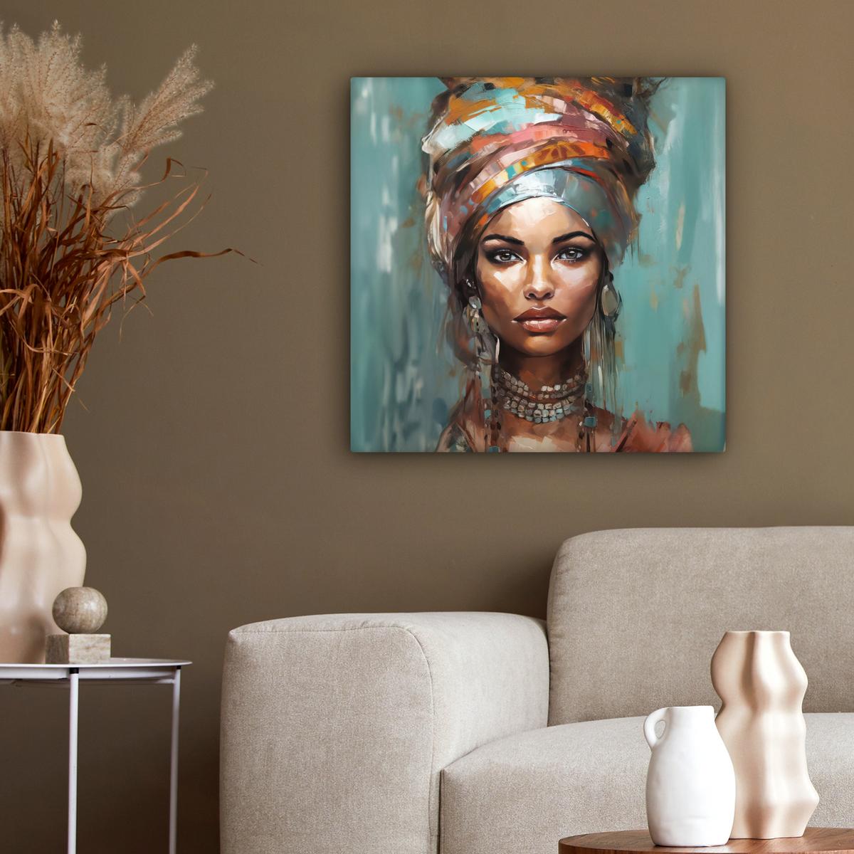 LEINWANDBILD Frau - Kunst - Schmuck - Porträt Wandbild Wohnzimmer 50x50 cm - Blaugrau, Textil (50/50cm) - MuchoWow