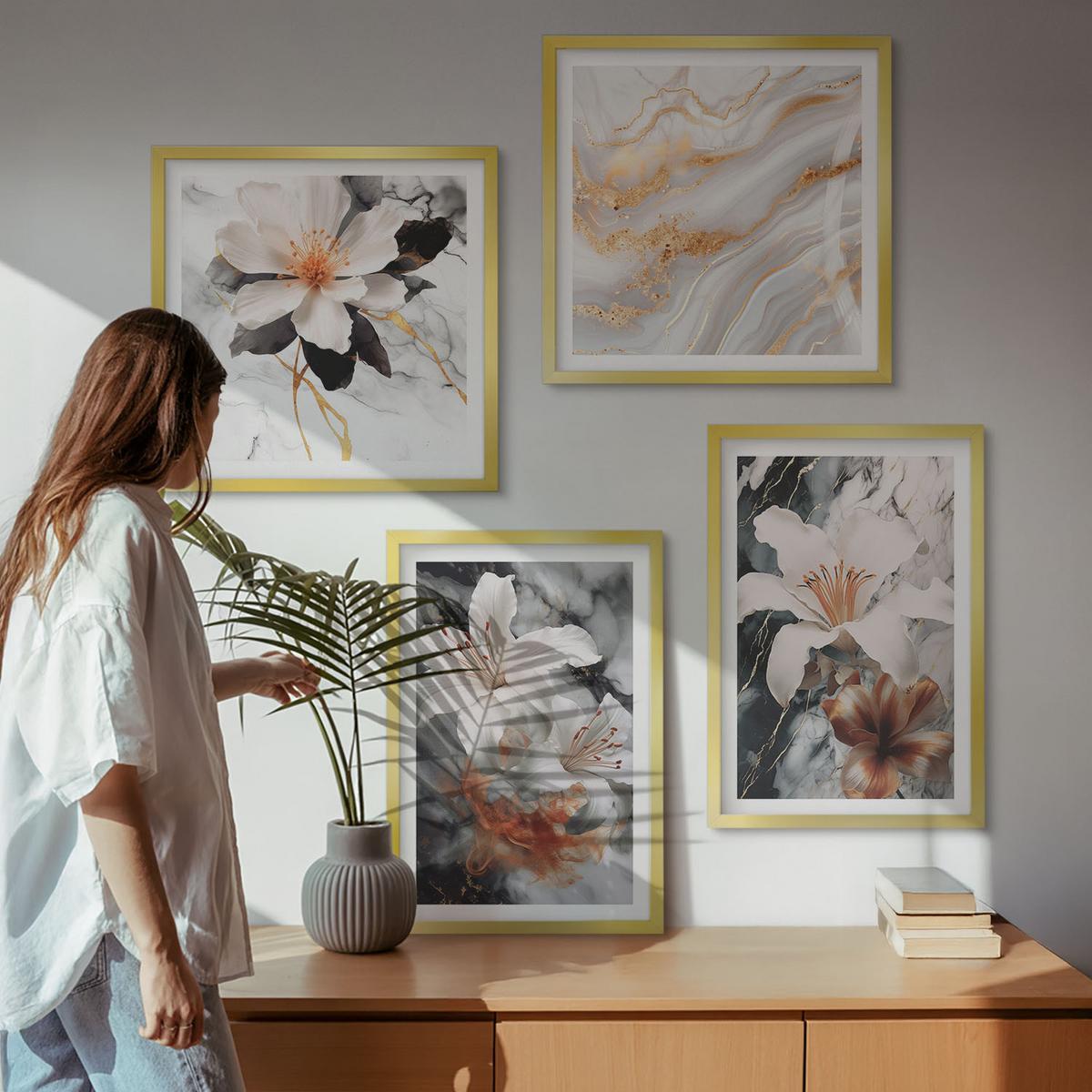 BILDER SET 4er Set - 50x50 cm & 40x60 cm Goldrahmen - Blumen Marmor weiß schwarz - Goldfarben, Kunststoff (50/50cm) - TULUP
