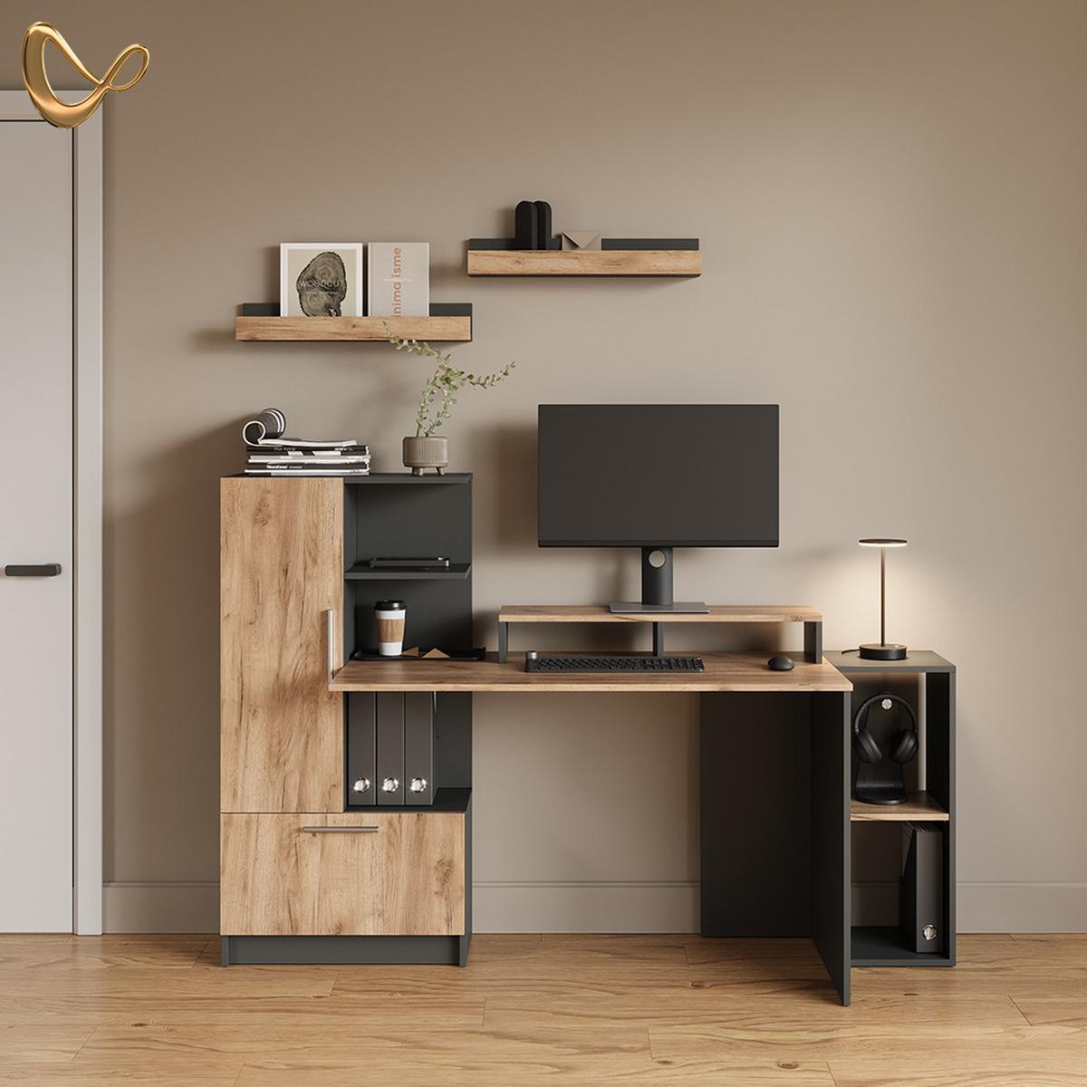 WANDREGAL Lorena Anthrazit/Goldkraft Eiche 60 x 10 cm 2er Set - Honigeiche/Anthrazit, Holzwerkstoff (60/10/12cm) - Livinity®