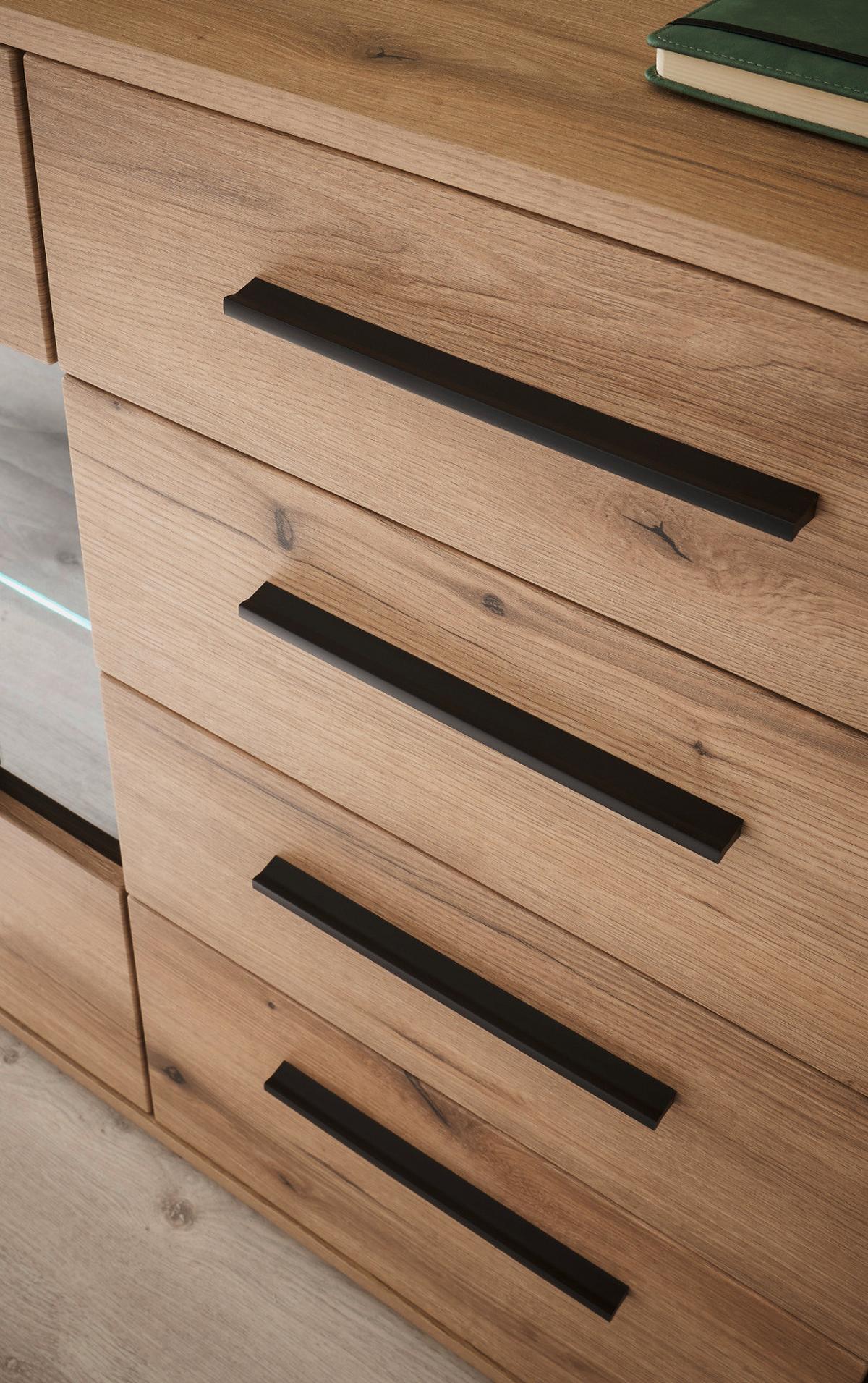 SIDEBOARD Eiche Evoke, Kommode 150 cm mit Soft-Close - Eichefarben/Schwarz, Glas/Holzwerkstoff (150/86/42cm) - Furn.Design