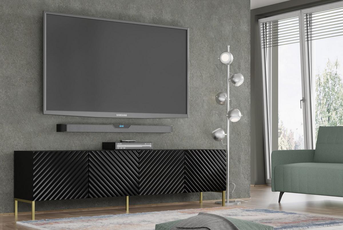TV LOWBOARD Schwarz Hochglanz, Gold 200/56/42 - Schwarz Hochglanz, Holzwerkstoff (200/56/42cm) - RAUMHIRSCH FURNITURE