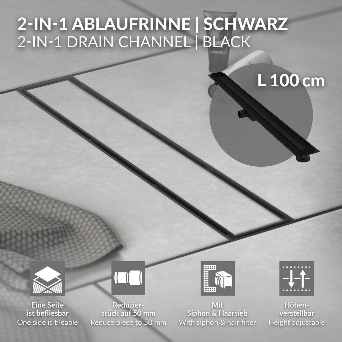 DUSCHRINNE 100cm - Schwarz, Metall (13.9/7.8/104cm) - LuxeBath