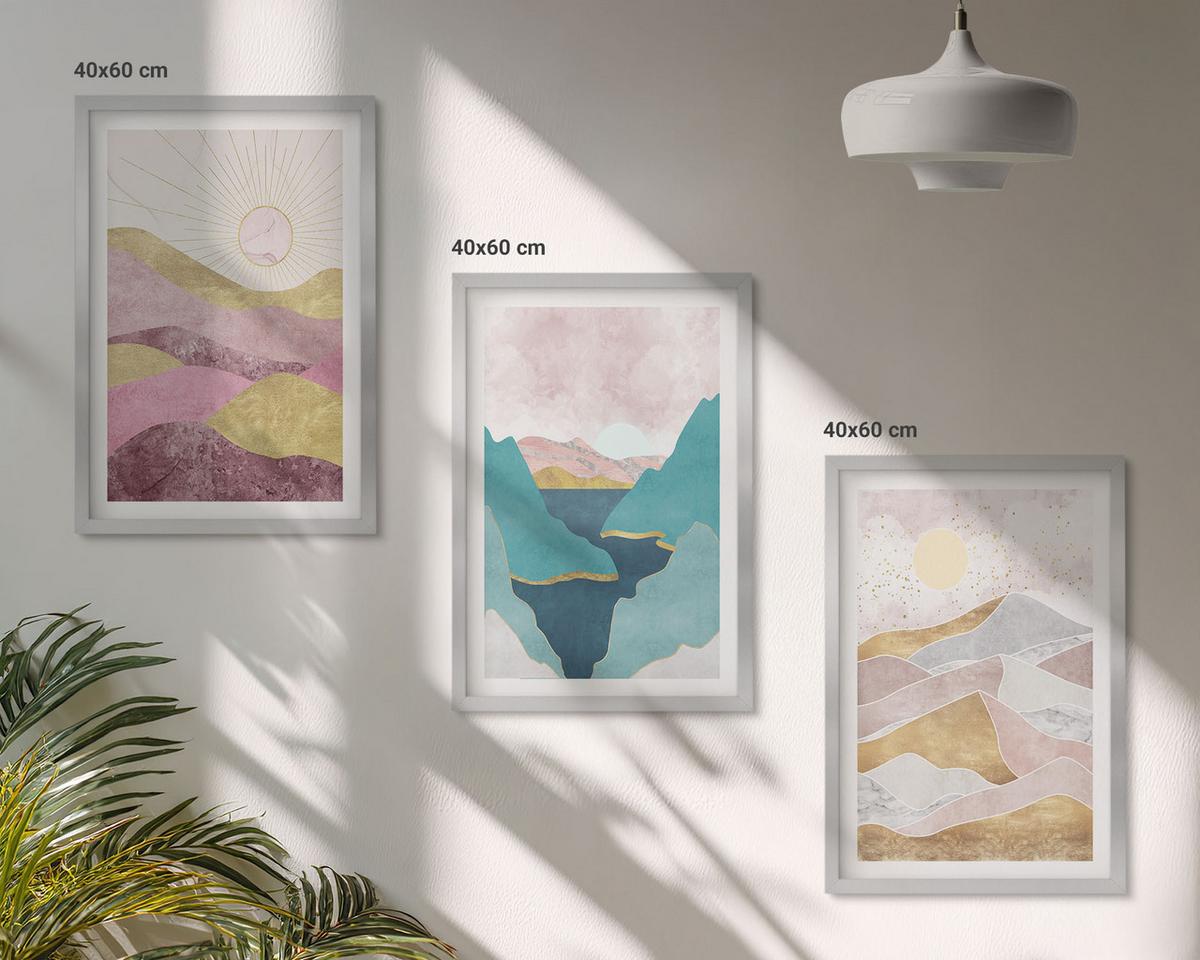 BILDER SET 3er Set - 40x60 cm Silberner Rahmen - Abstrakte Berge Sonne - Silberfarben, Kunststoff (40/60cm) - TULUP