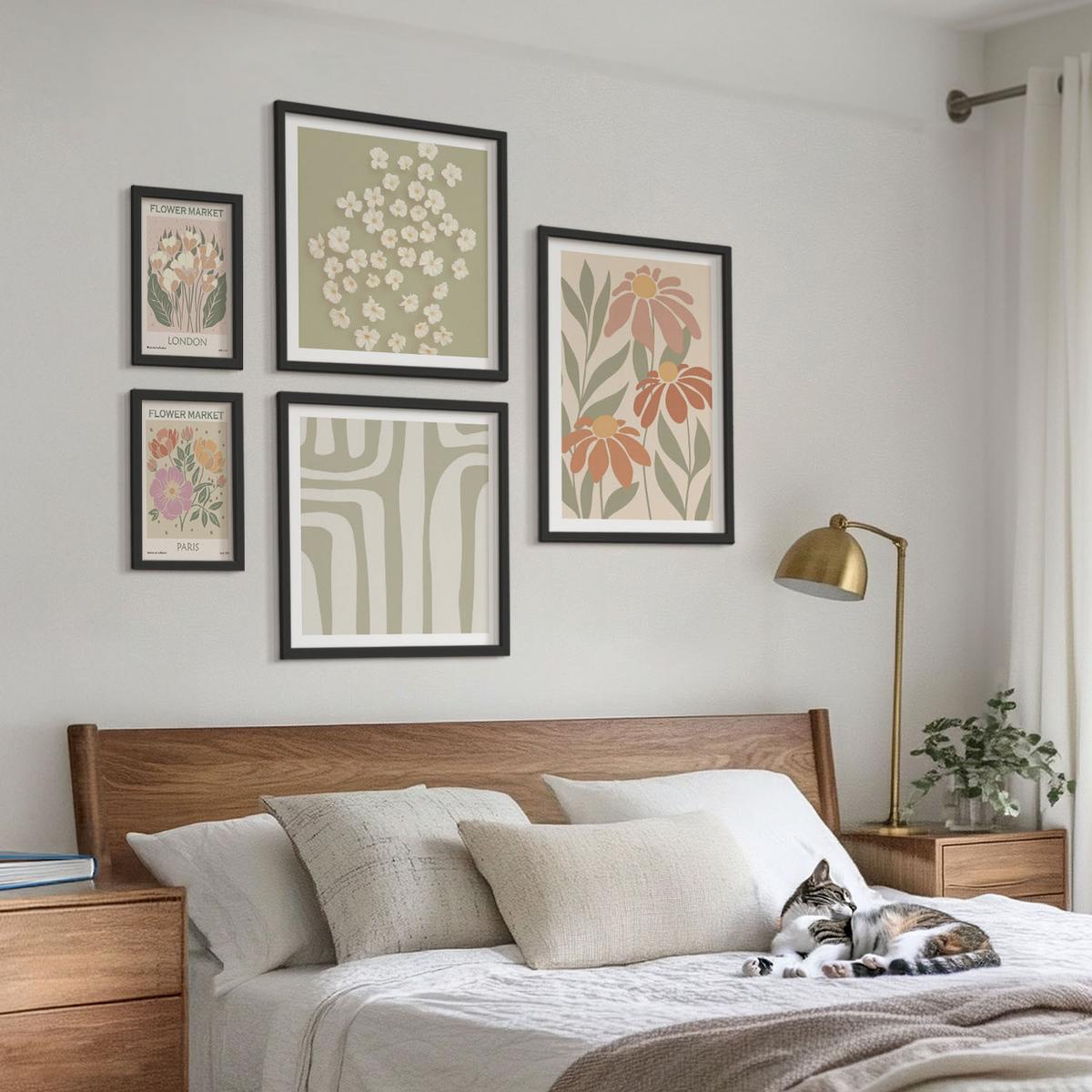 BILDER SET 5er Set - 50x50 cm & 20x30 cm & 40x60 cm Schwarzer Rahmen - Botanische Motive, Pariser Minimalismus - Schwarz, Kunststoff (40/60cm) - TULUP