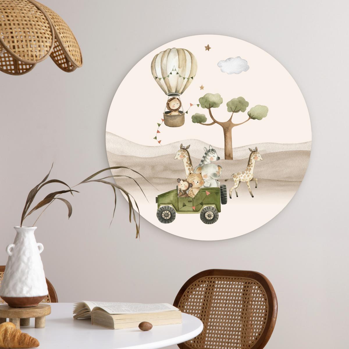 WANDBILD Wilde Tiere - Safari - Aquarell - Heißluftballon Wanddeko Schlafzimmer 60x60 cm - Beige, Kunststoff (60/60cm) - MuchoWow
