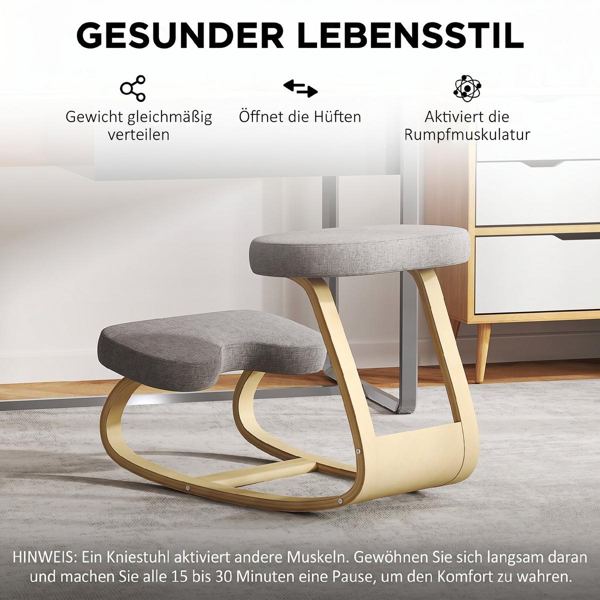 KNIESTUHL Birkenholz Polyester Grau - Grau, Holz (50/55/73cm) - HOMCOM