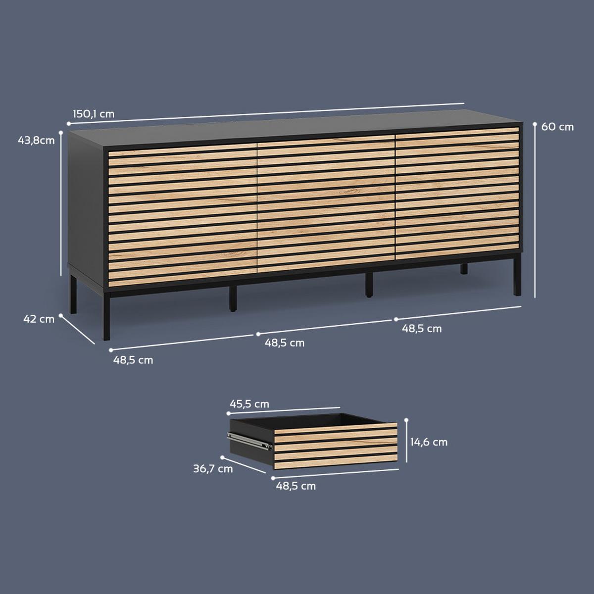 LOWBOARD Aterno Goldkraft Eiche/Anthrazit 150 x 60 cm mit 3 Schubladen - Honigeiche/Anthrazit, Holzwerkstoff (150/60/40cm) - Livinity®