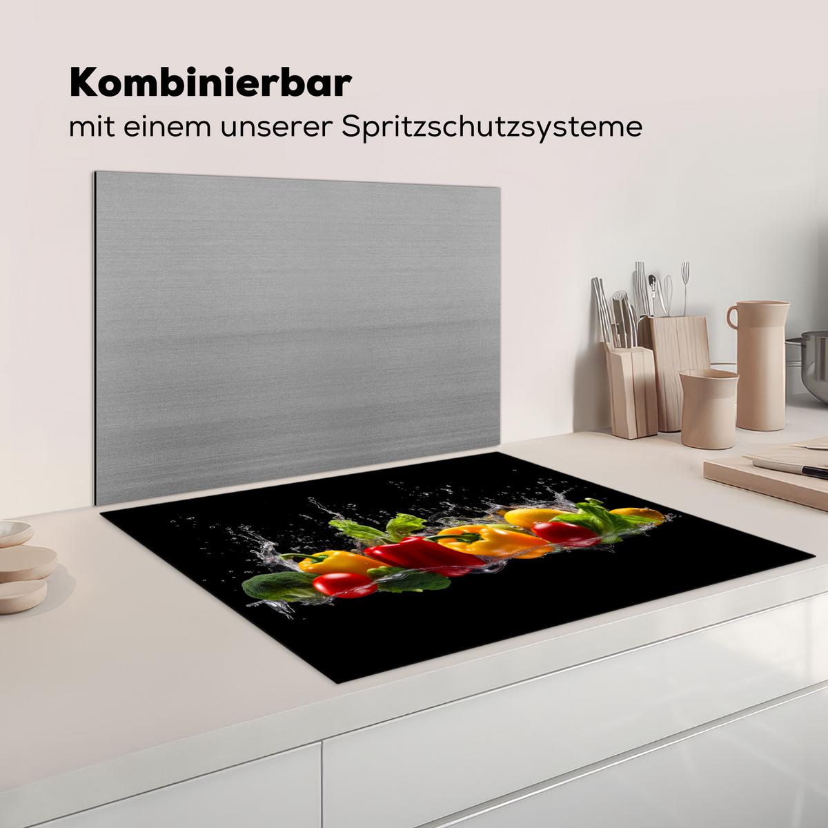HERDABDECKPLATTE Paprika - Wasser - Gemüse - Schwarz Induktionsmatte 77x59 cm - Multicolor, Kunststoff (77/59/0.2cm) - MuchoWow