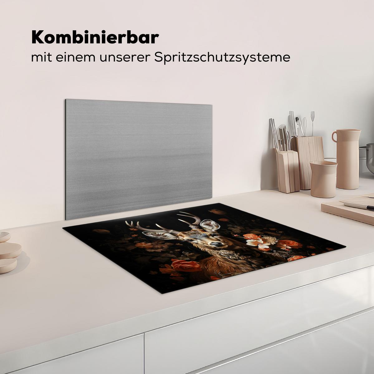 HERDABDECKPLATTE Hirsch - Tier - Blumen - Natur - Botanisch Herdabdeckung Induktionsfeld 65x52 cm - Kupferfarben, Kunststoff (65/52/0.2cm) - MuchoWow
