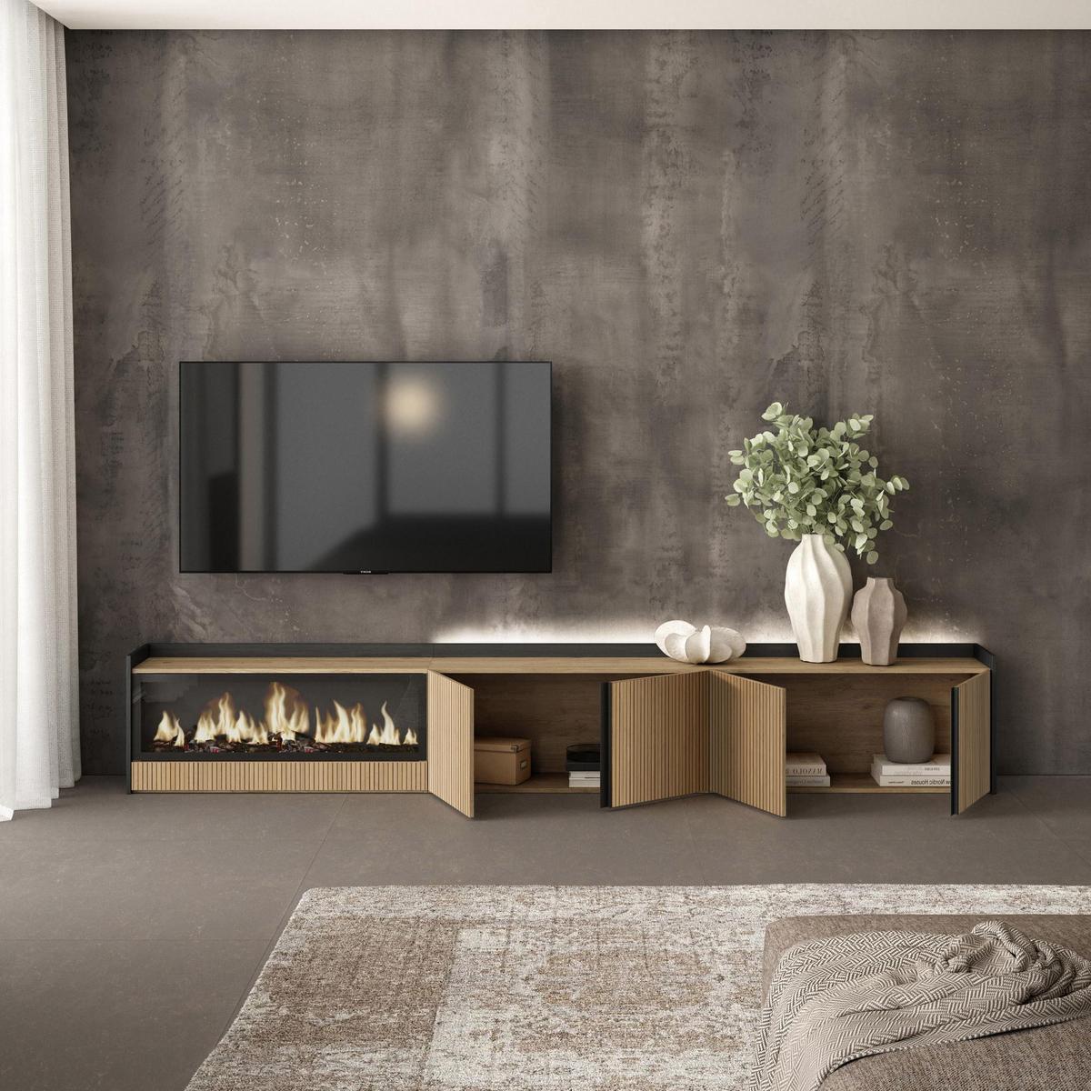 LOWBOARD, Eiche und Schwarz, 315/35/50cm, Elektrokamin XXL, Led - Eichefarben, Holzwerkstoff (315/50/35cm) - Skraut Home