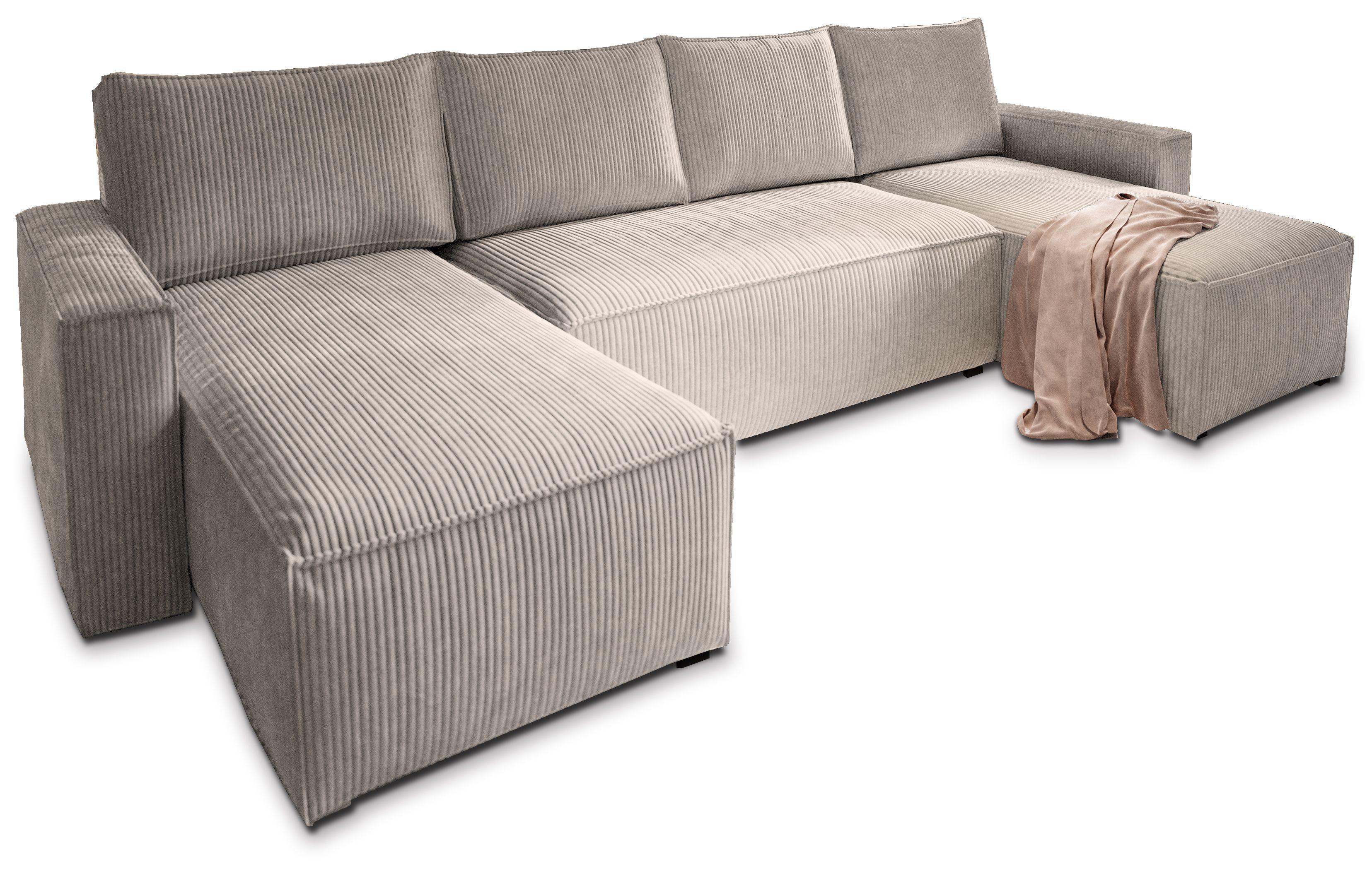 WOHNLANDSCHAFT ASPRA Beige Kordstoff mit Schlaffunktion - Beige/Grau, Holz/Kunststoff (295/85/140cm) - MASSENO
