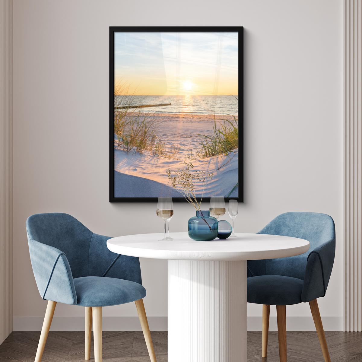 POSTER MIT RAHMEN Strand - Sonne - Düne - Gras - Sand - Horizont Posterleiste 60x80 cm - Hellblau, Papier (60/80cm) - MuchoWow