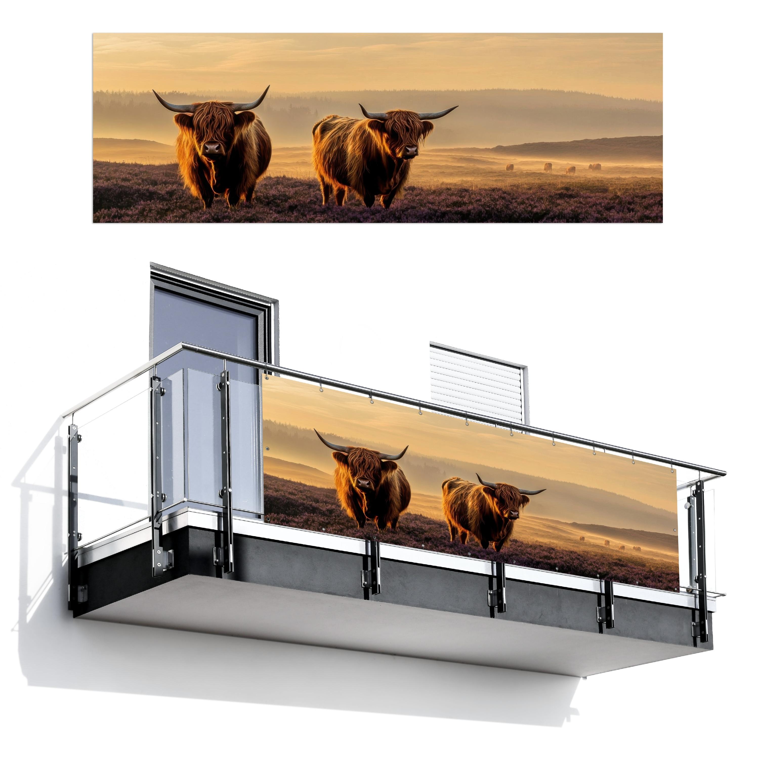 BALKON-SICHTSCHUTZ Schottische Hochlandbewohner - Heide - Landschaft - Tiere Windschutz 300x100 cm - Cognac, Kunststoff (300/100cm) - MuchoWow