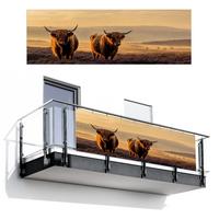 BALKON-SICHTSCHUTZ Schottische Hochlandbewohner - Heide - Landschaft - Tiere Windschutz 300x100 cm - Cognac, Kunststoff (300/100cm) - MuchoWow