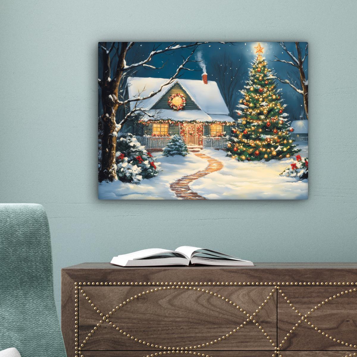 LEINWANDBILD Weihnachten - Weihnachtsbaum - Winter - Zuhause - Schnee Wandbild 40x30 cm - Smaragdgrün, Textil (40/30cm) - MuchoWow