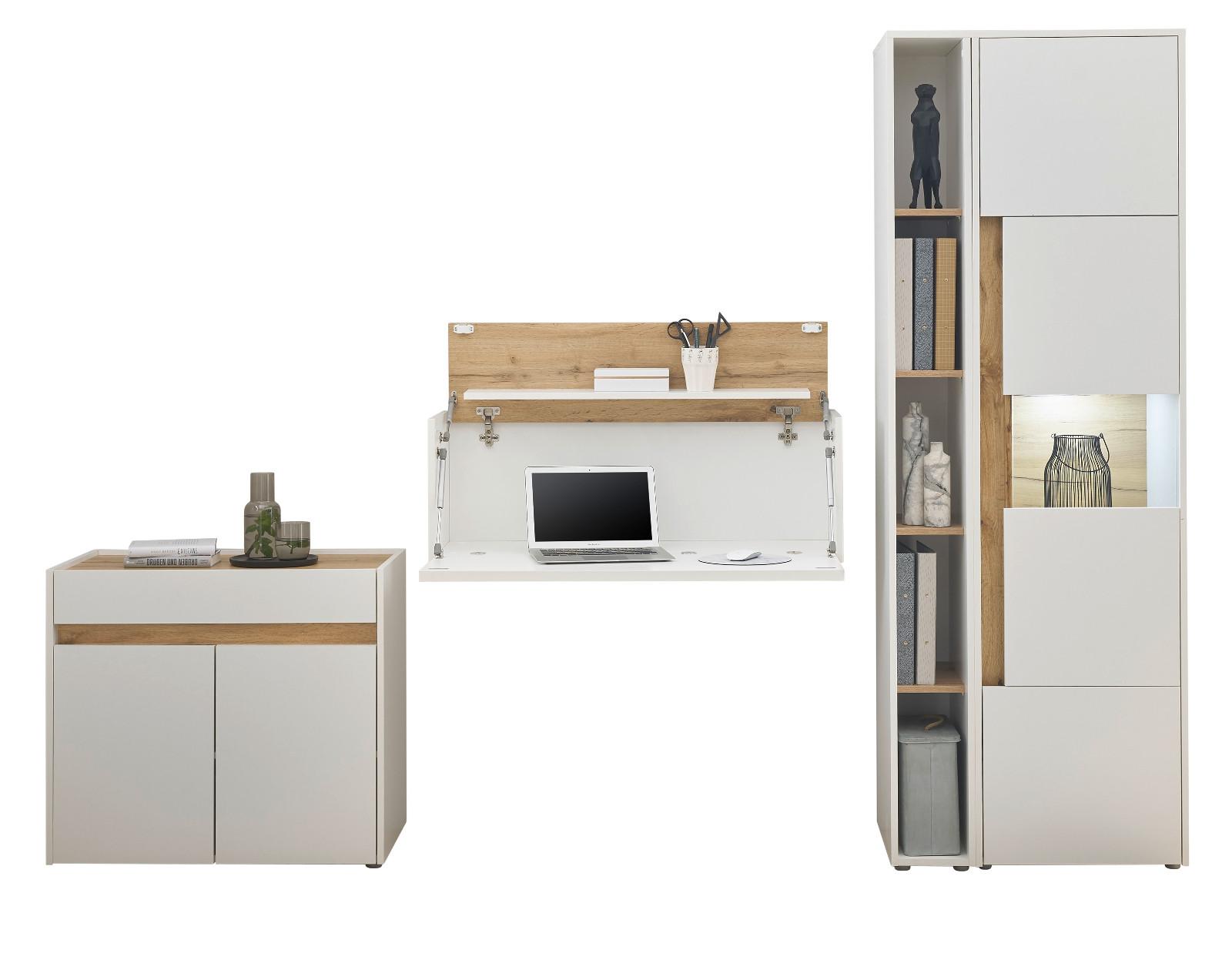 AKTENSCHRANK Set 4-teilig weiß matt, Eiche Wotan 290 cm, Büromöbelkombination mit Sekretär und viel Stauraum - Eichefarben/Eiche Wotan, Glas/Holzwerkstoff (290/200/40cm) - Furn.Design