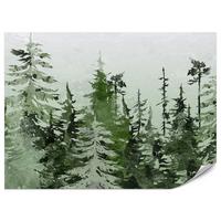 FOTOTAPETE für Schlafzimmer Grüner Nadelwald Aquarell Bäume Natur Landschaft 100x70 - Weiß/Grau, Papier (100/70cm) - Muralo