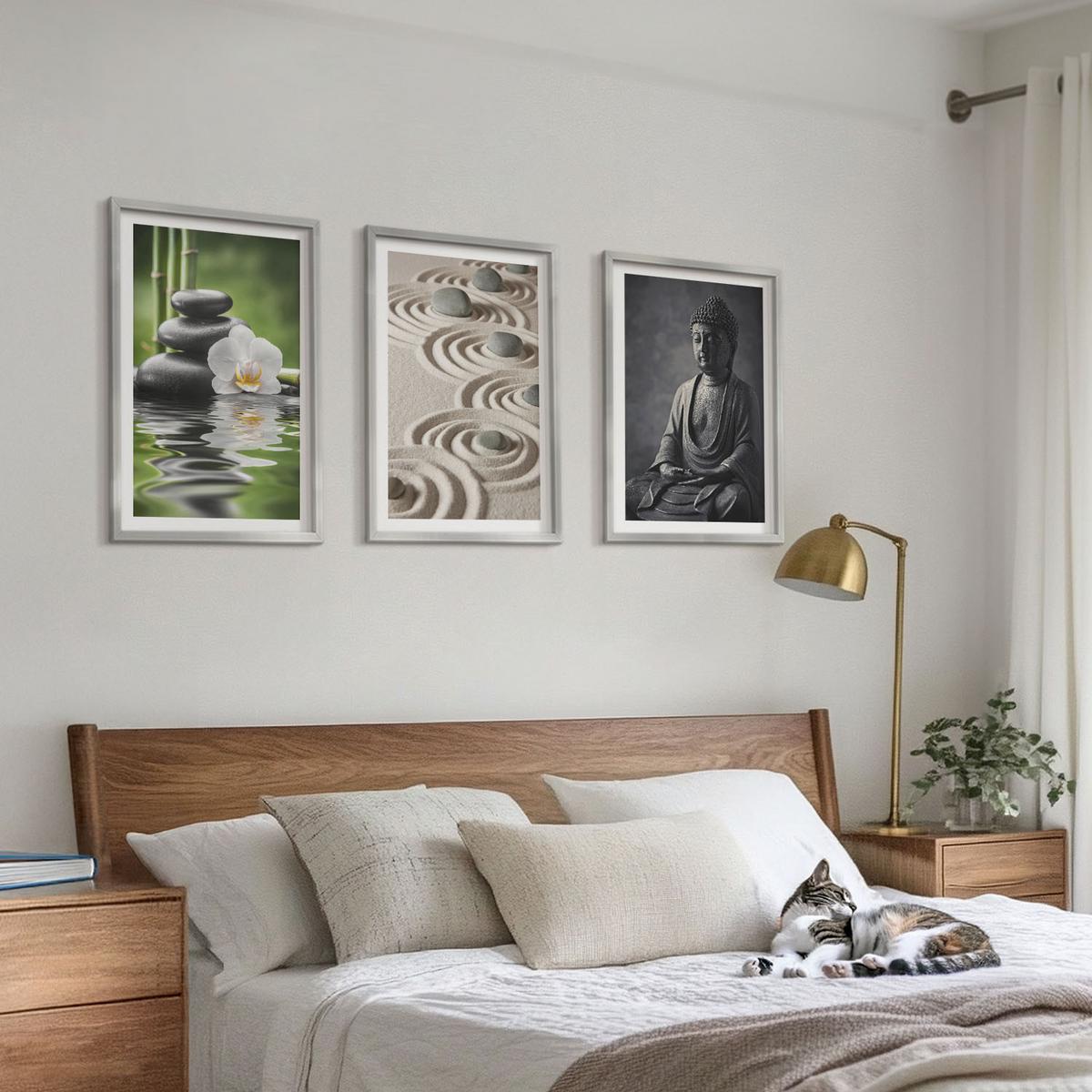 BILDER SET 3er Set - 40x60 cm Silberner Rahmen - Entspannender Blick auf den Zen-Buddha - Silberfarben, Kunststoff (40/60cm) - TULUP