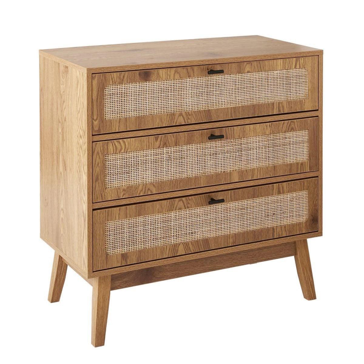 KOMMODE mit 3 Schubladen, Rattanfronten und Holzfüßen 80/39/79 cm - Eschefarben, Holzwerkstoff (80/79/45cm) - Calicosy