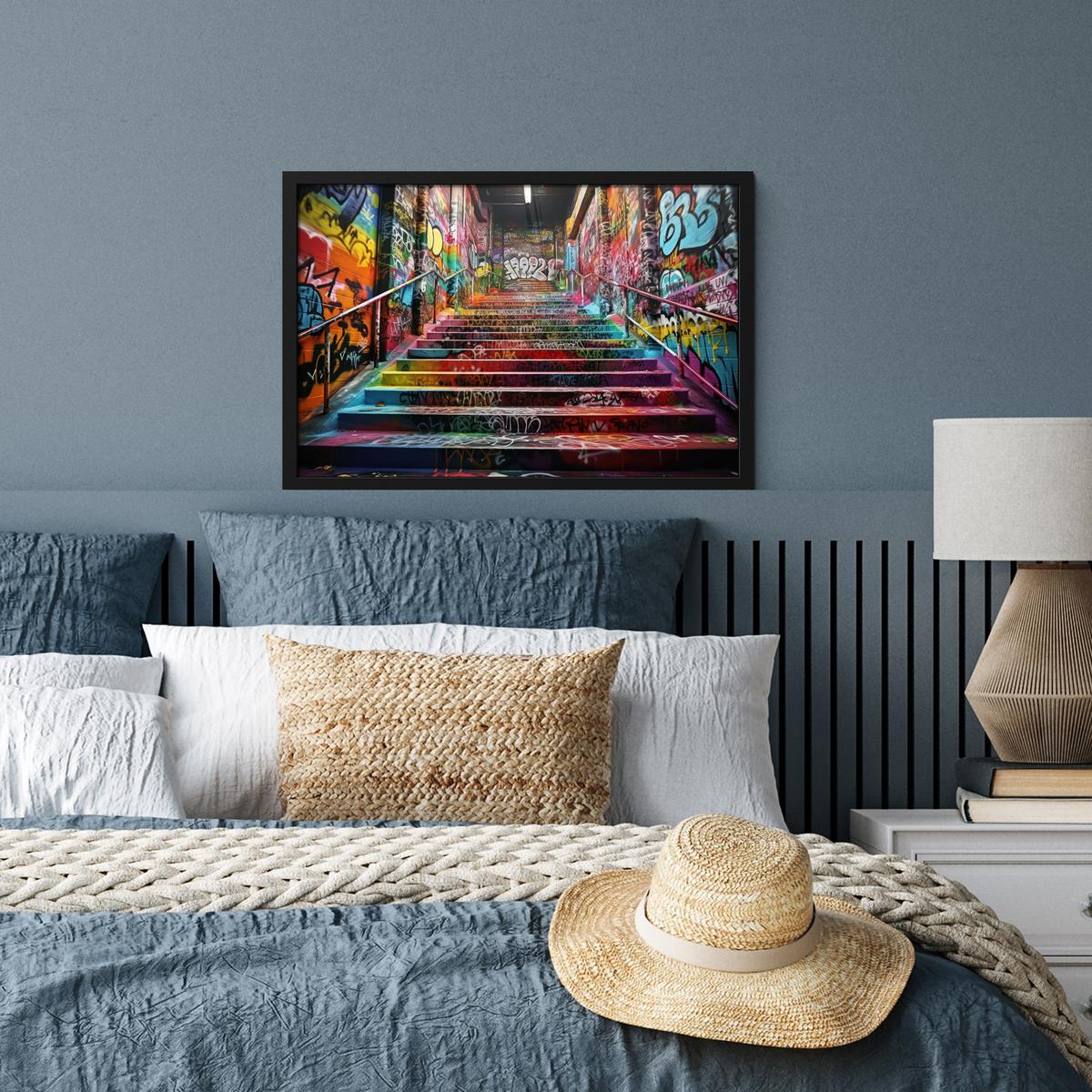 POSTER MIT RAHMENGERAHMTES BILD Treppe - Graffiti - Farben - Kunst 60x40 cm - Multicolor, Papier (60/40cm) - MuchoWow