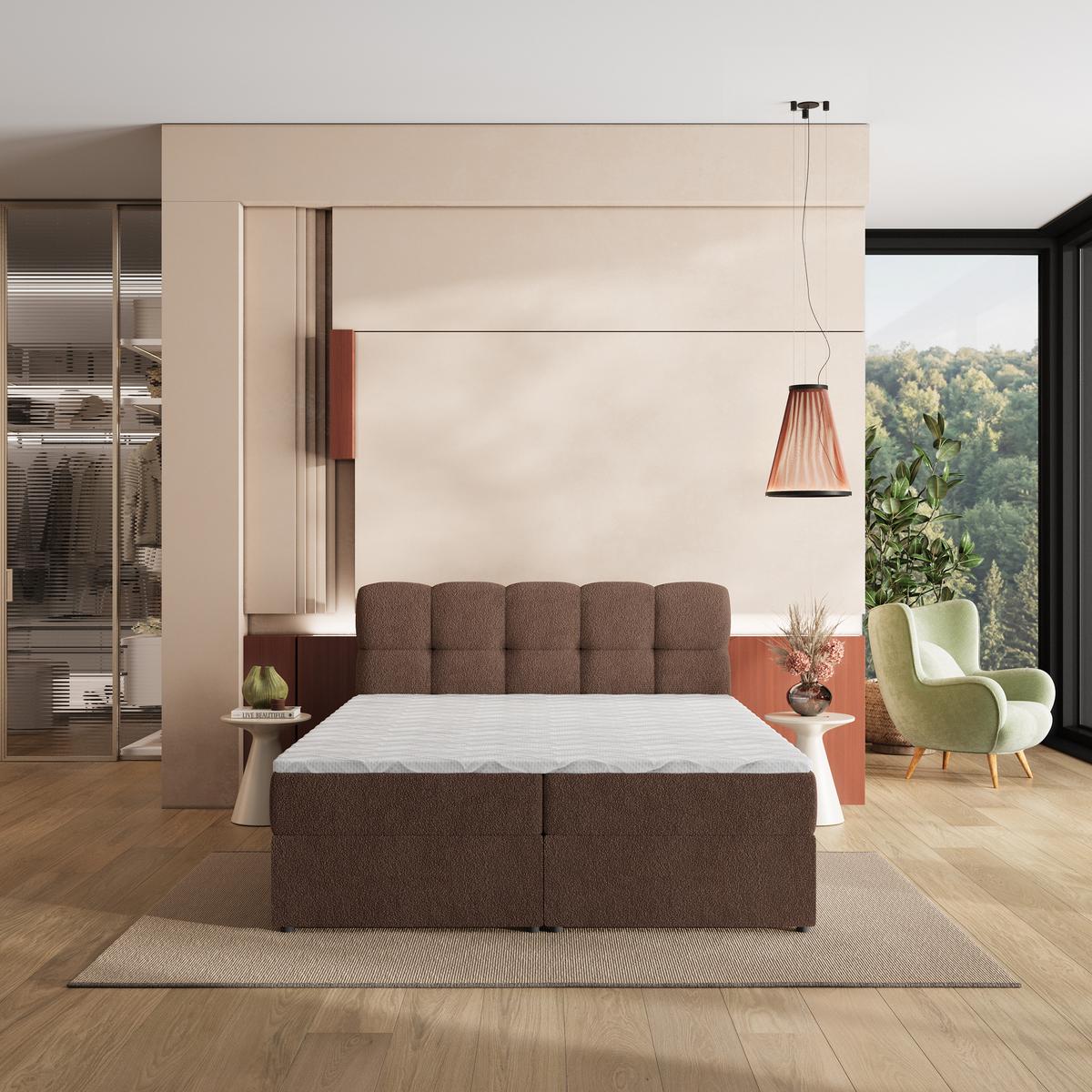 BOXBETT MERU 200x200 cm mit Matratze und Topper, H2+H3 - Braun - Braun, Holz (200/200cm) - MASSENO