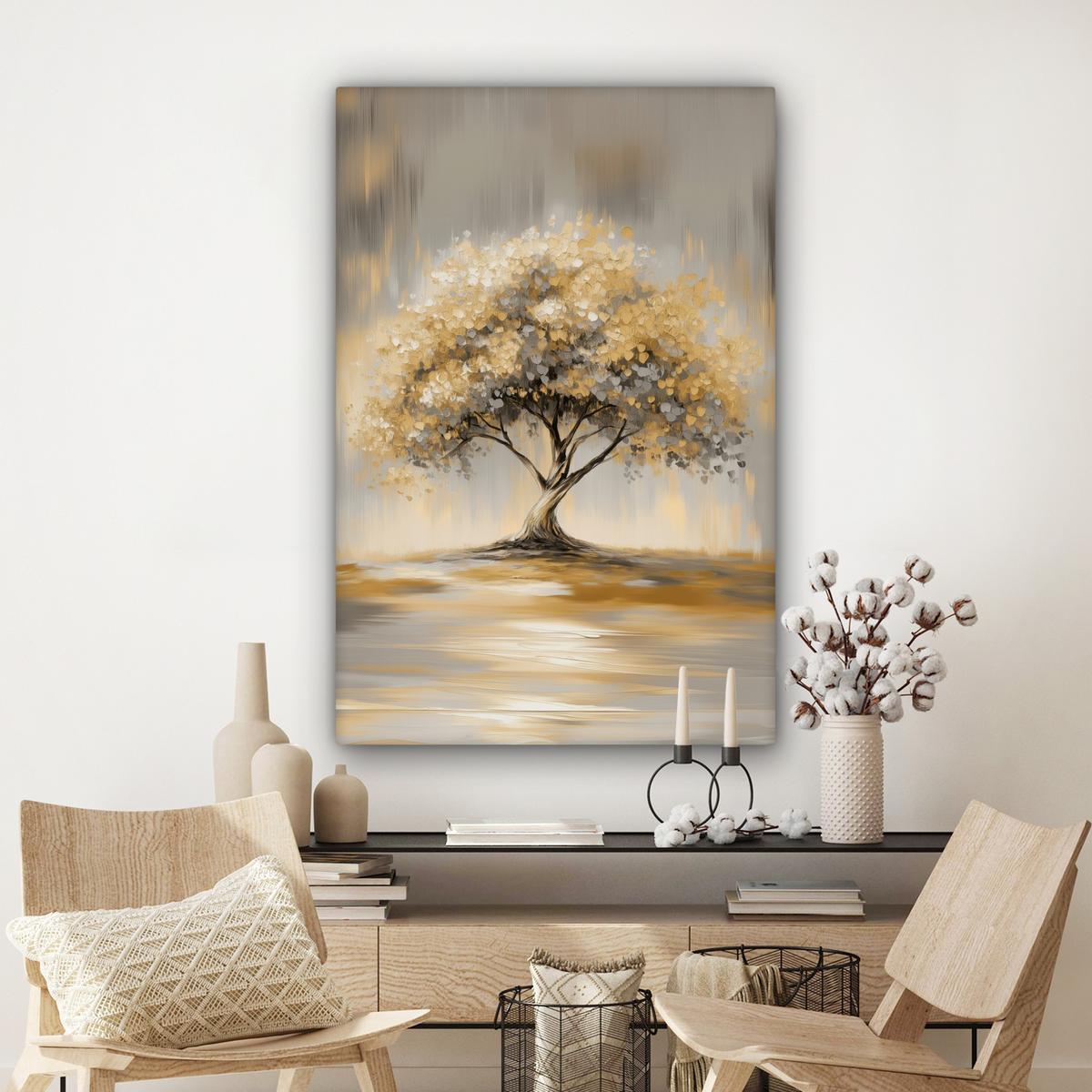 LEINWANDBILD Gemälde - Baum - Abstrakt - Blätter Deko Groß 90x140 cm - Beige, Textil (90/140cm) - MuchoWow