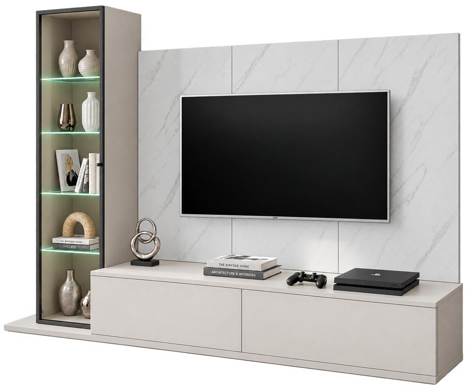 WOHNWAND kaschmir, Marmor weiß 240 cm, Schrankwand mit Wandpaneel, Beleuchtung, Push-to-Open - Kaschmir/Schwarz, Glas/Holzwerkstoff (240/175/45cm) - Inn.Furn