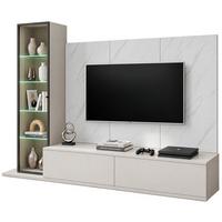 WOHNWAND kaschmir, Marmor weiß 240 cm, Schrankwand mit Wandpaneel, Beleuchtung, Push-to-Open - Kaschmir/Schwarz, Glas/Holzwerkstoff (240/175/45cm) - Inn.Furn