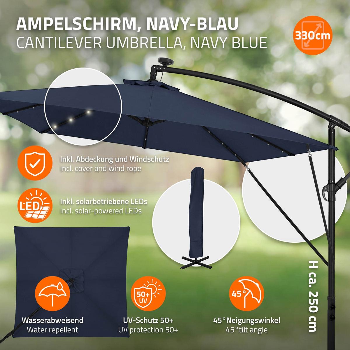 AMPELSCHIRM Ø 330 cm in Navy Blau aus Aluminium mit LED-Solar - Blau, Metall (330/330cm) - ML-DESIGN