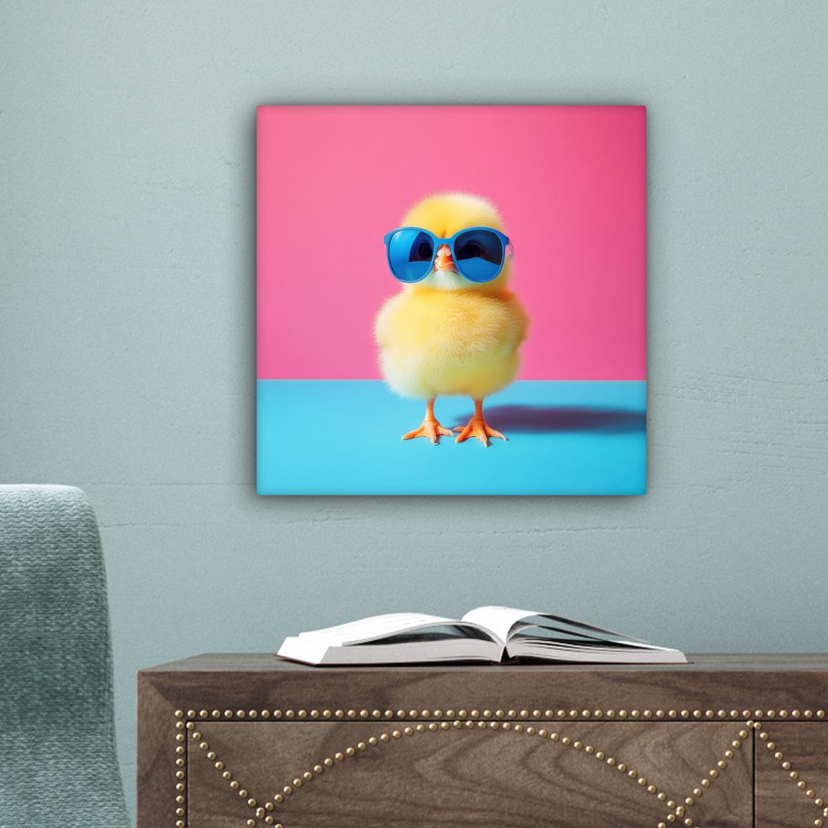 LEINWANDBILD Chick - Sonnenbrille - Blau Deko Wohnzimmer 20x20 cm - Pink/Gelb, Textil (20/20cm) - MuchoWow