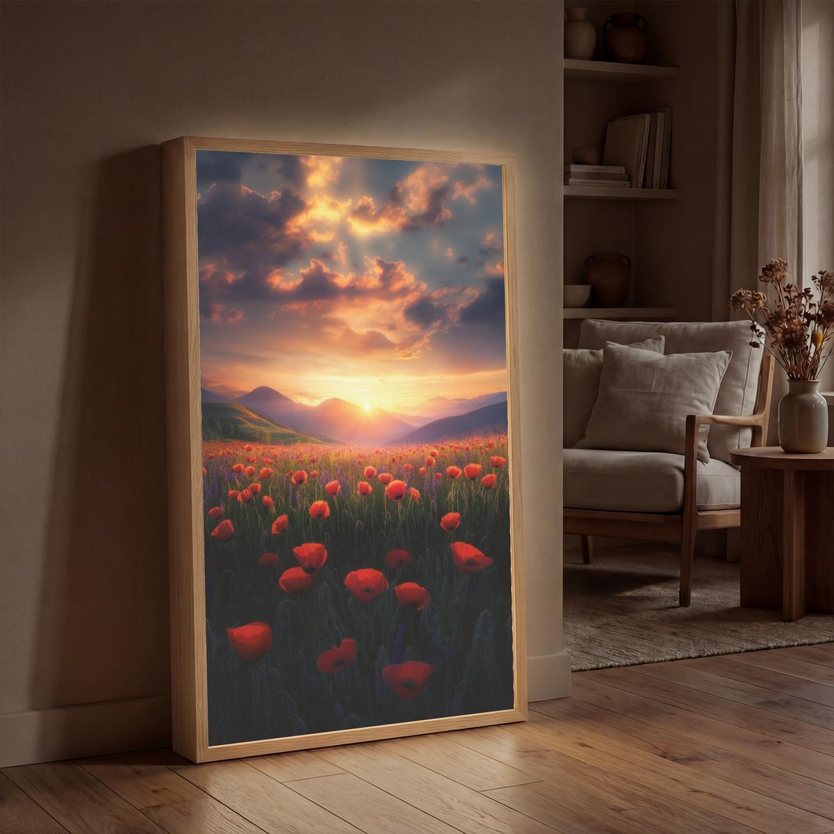WANDLEUCHTE MIT AKKU Landschaft - Sonnenuntergang - Blumenfeld 60x90 cm - Rot, Holzwerkstoff (60/90/8cm) - OnlyWow