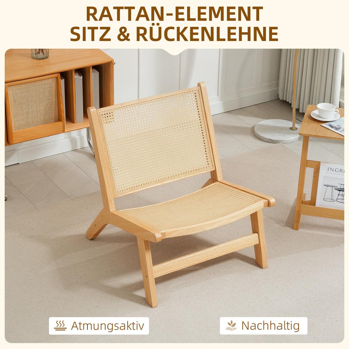 RATTANSTUHL ohne Armlehne, Stuhl mit Rattan-Rückenlehne, Holzrahmen - Naturfarben, Kunststoff (64/74/70cm) - HOMCOM