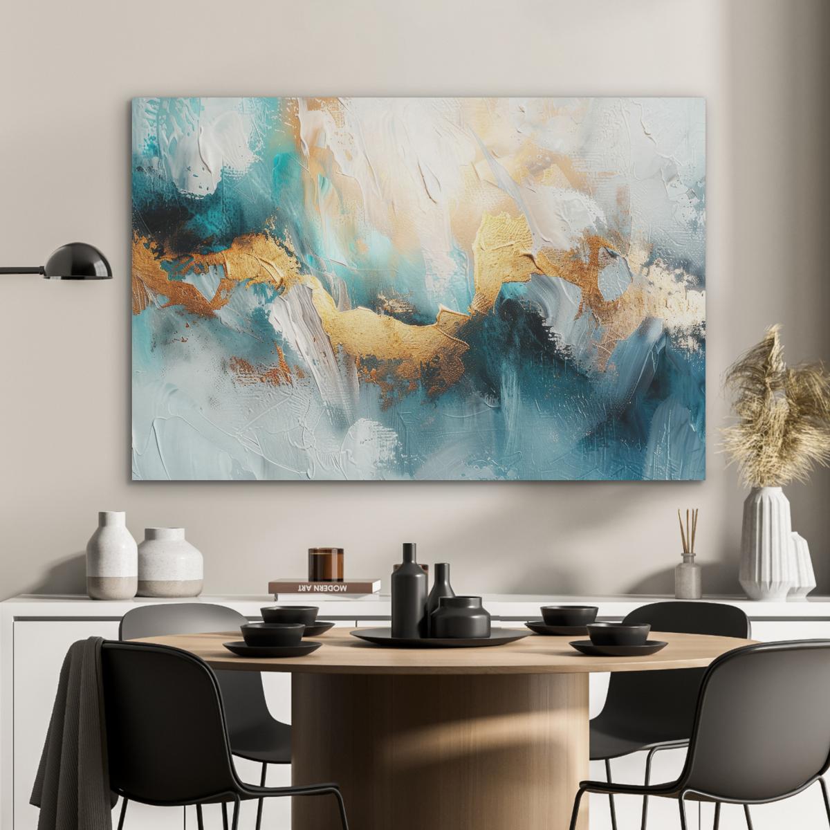 AKUSTIKBILD Abstrakt - Kunst - Gold - Blau Wandbild Wohnzimmer 100x70 cm - Petrol, Kunststoff (100/70/0.9cm) - MuchoWow