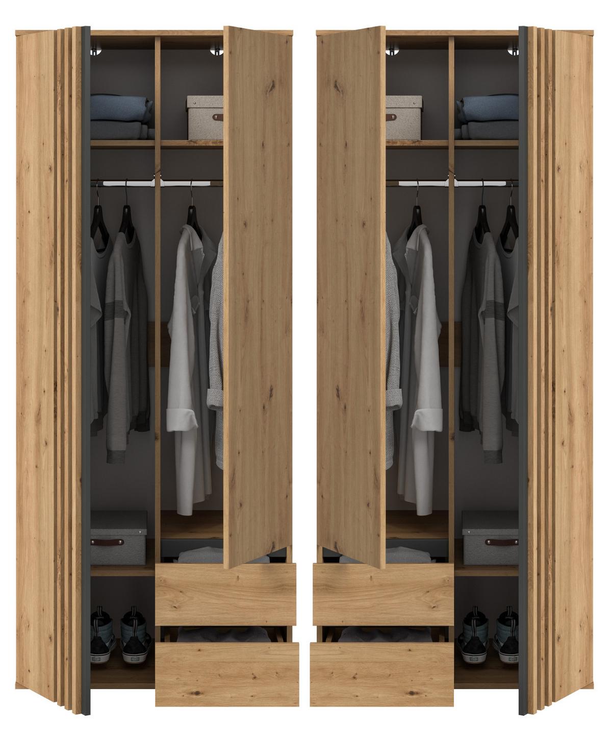 KLEIDERSCHRANK Eiche Artisan, grau 160 x 192 cm 4-türig, Drehtürenschrank mit Schubladen - Anthrazit/Eiche Artisan, Holzwerkstoff (160/192/56cm) - Inn.Furn
