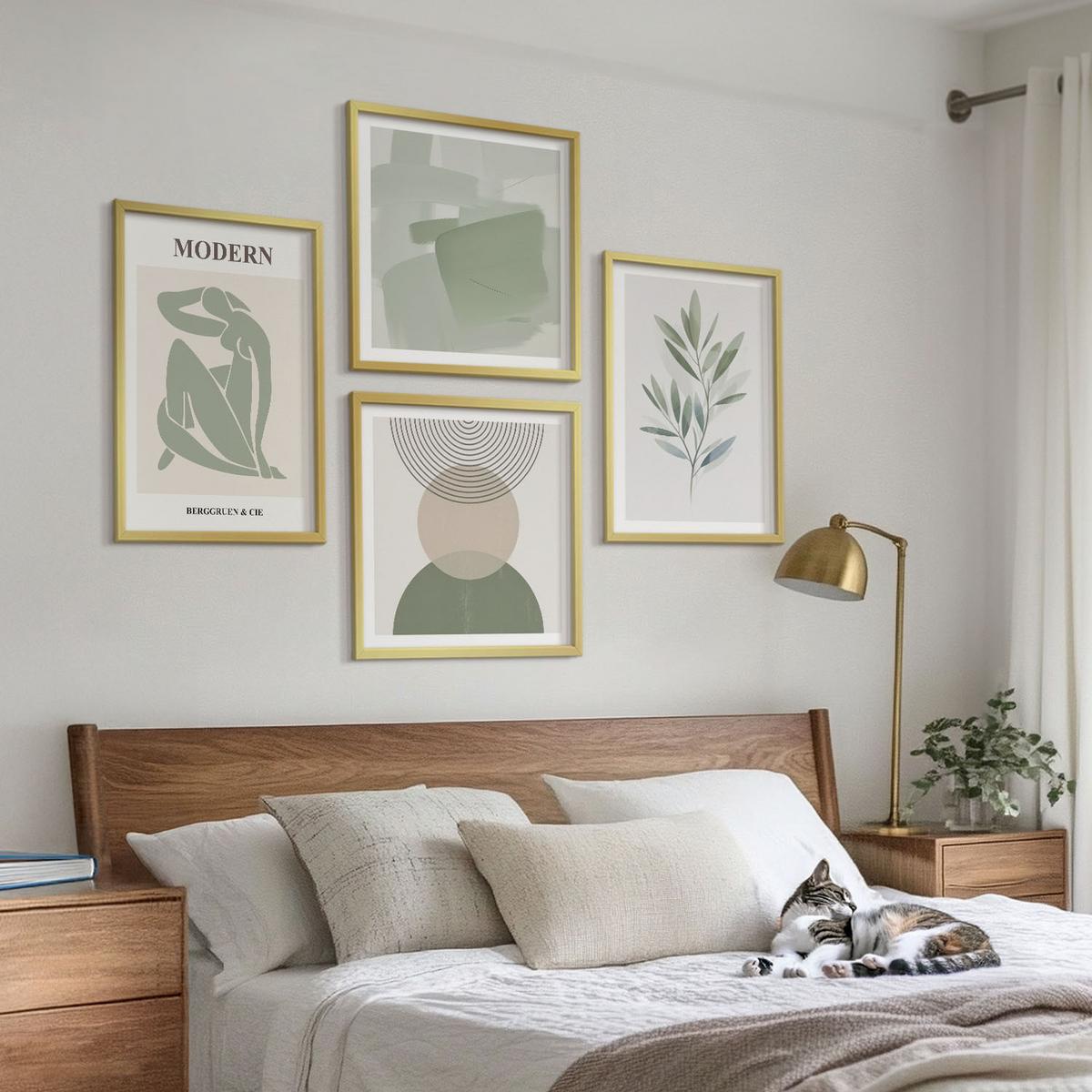 BILDER SET 4er Set - 50x50 cm & 40x60 cm Goldrahmen - Stilvolle abstrakte Pflanzengrafiken - Goldfarben, Kunststoff (50/50cm) - TULUP