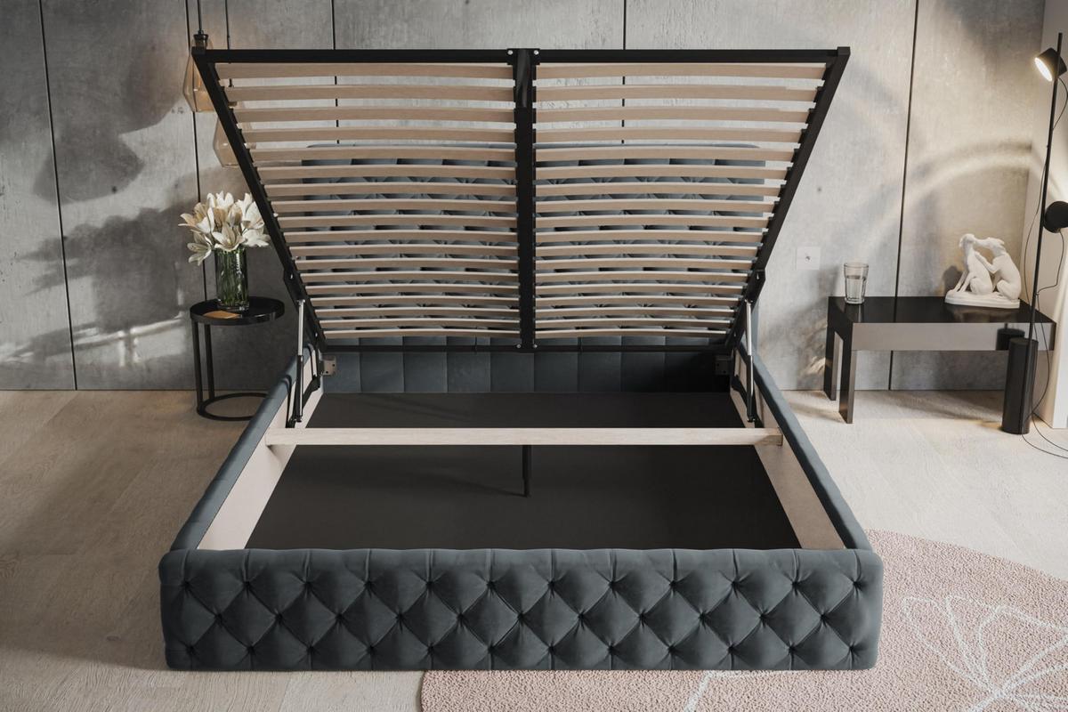 BETT 140x200 - Polsterbett mit Bettkasten und Metallrahmen - Elegant Betten - Weicher Jasminstoff - Kollektion Miami, Dunkelgrau - Dunkelgrau, Holz/Textil (140/200cm) - Alpi-Möbel