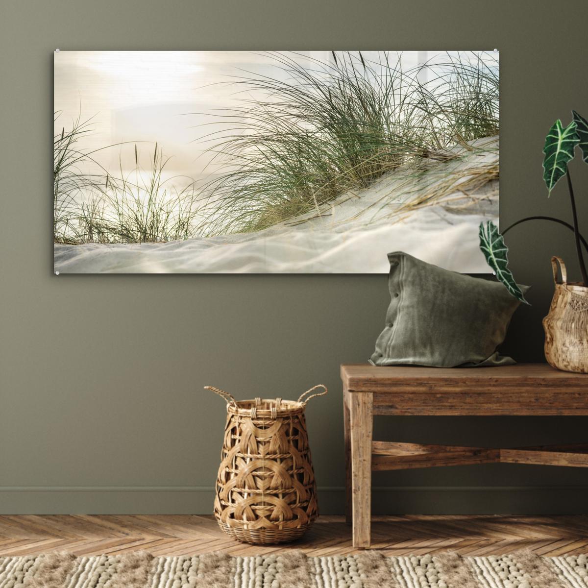 ACRYLGLASBILD Dünen mit Strandhafer in der Sonne des Nationalparks Schleswig-Holsteinisches Wattenmeer 120x60 cm - Creme, Glas (120/60cm) - MuchoWow