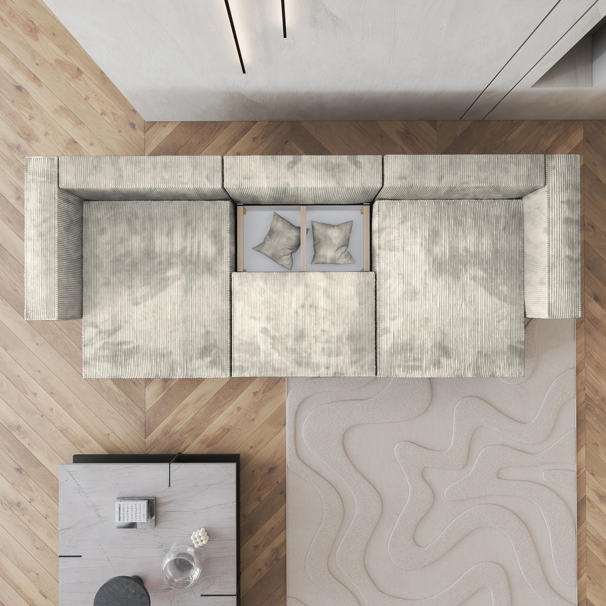 WOHNLANDSCHAFT SARMO P Creme Kordstoff mit Schlaffunktion - Creme/Grau, Holz/Kunststoff (347/70/148cm) - MASSENO