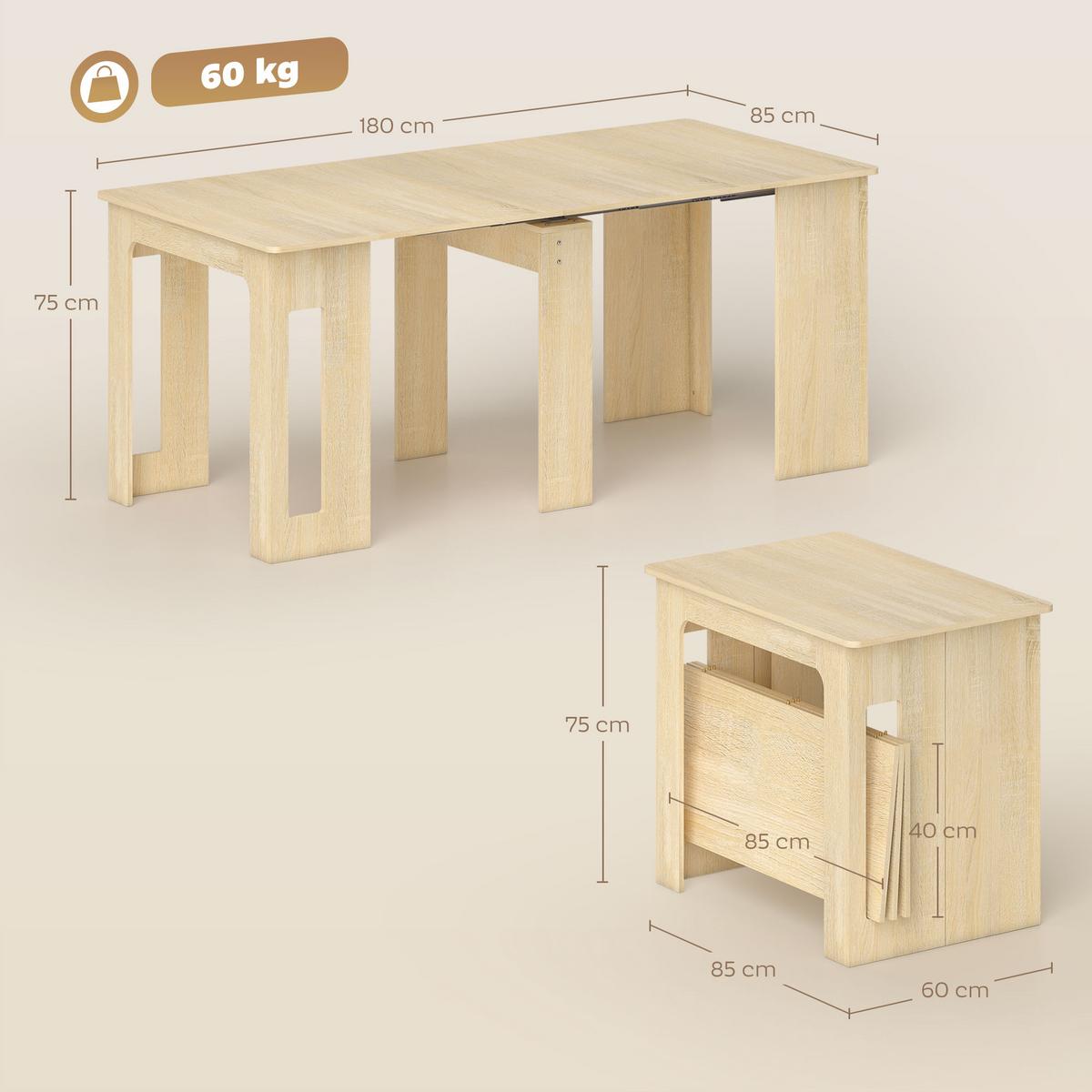 ESSTISCH Ausziehbar Küchentisch Esszimmertisch für bis 6 Personen 60-180x85 cm - Naturfarben/Weiß, Holzwerkstoff (180/85/75cm) - HOMCOM