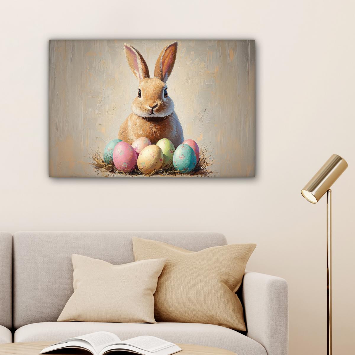 LEINWANDBILD Osterhase - Pastell - Eier Wanddeko 90x60 cm - Beige, Textil (90/60cm) - MuchoWow