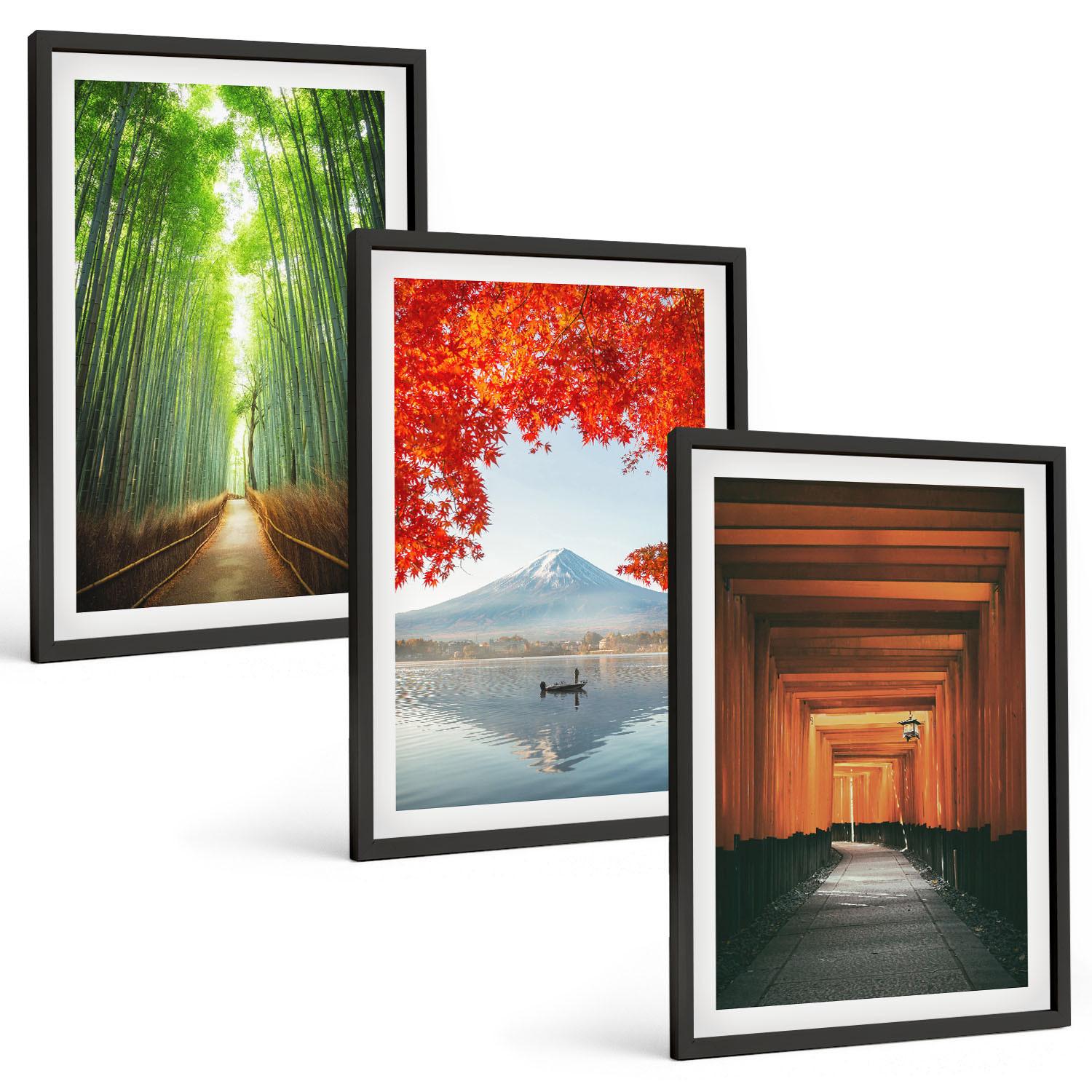 BILDER SET 3er Set - 40x60 cm Schwarzer Rahmen - Fuji-Bambuswaldlandschaft - Schwarz, Kunststoff (40/60cm) - TULUP