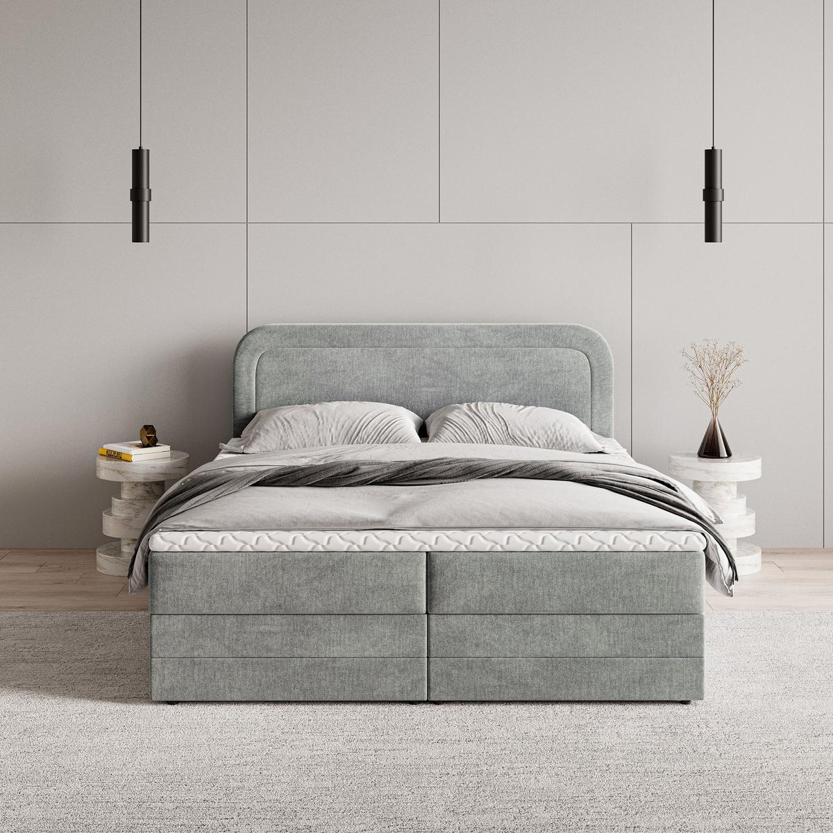 BOXBETT ARMEL 160x200 cm mit Matratze und Topper - Hellgrau - Hellgrau, Holz (160/200cm) - MASSENO
